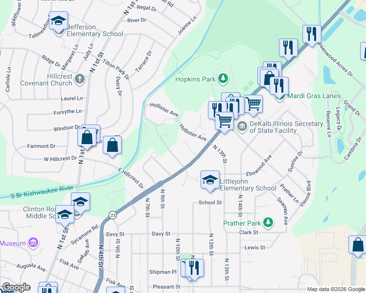 map of restaurants, bars, coffee shops, grocery stores, and more near 734 Krpan Court in DeKalb