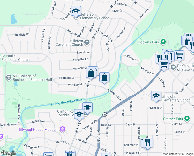 map of restaurants, bars, coffee shops, grocery stores, and more near 229 East Hillcrest Drive in DeKalb
