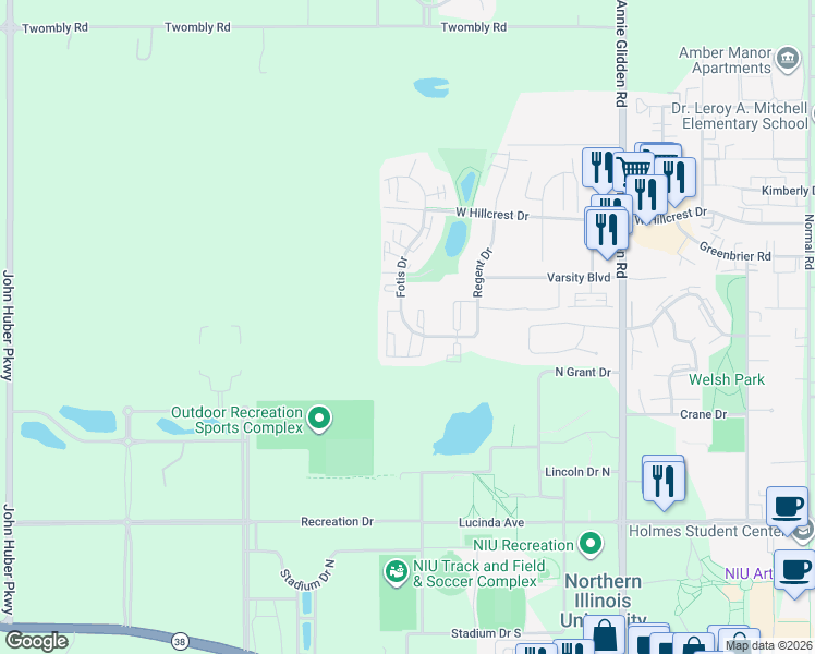 map of restaurants, bars, coffee shops, grocery stores, and more near 747 Fotis Drive in DeKalb