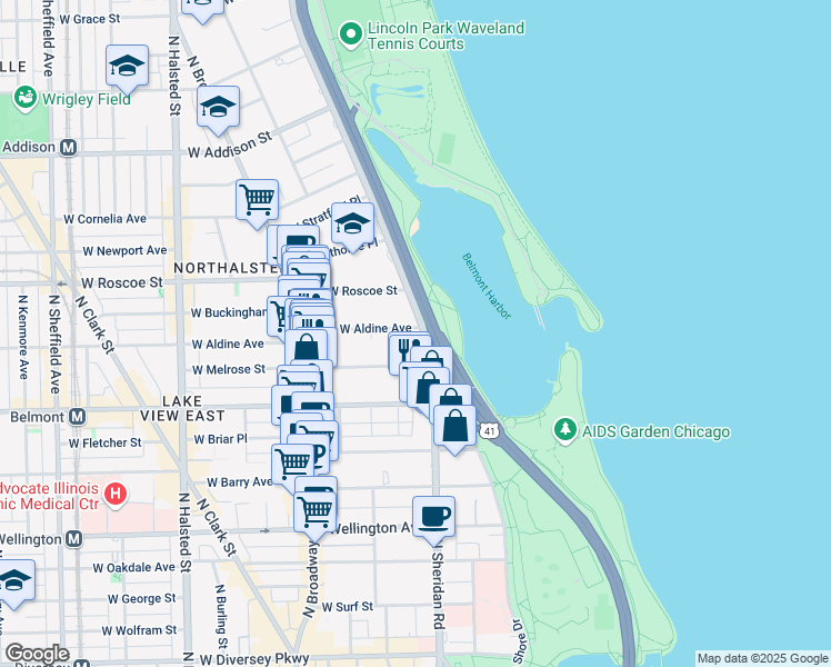 map of restaurants, bars, coffee shops, grocery stores, and more near 420 West Melrose Street in Chicago
