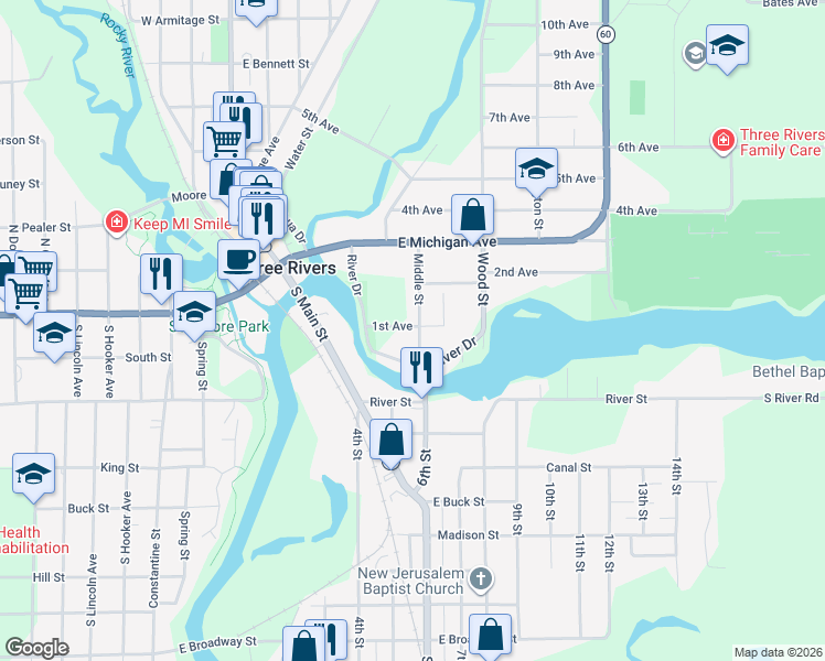 map of restaurants, bars, coffee shops, grocery stores, and more near 116 Middle Street in Three Rivers