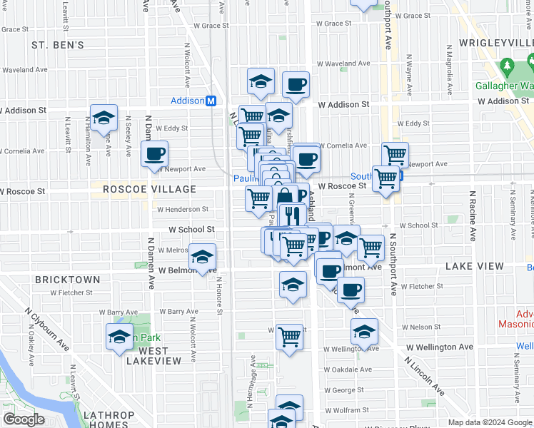 map of restaurants, bars, coffee shops, grocery stores, and more near 1703 West Henderson Street in Chicago