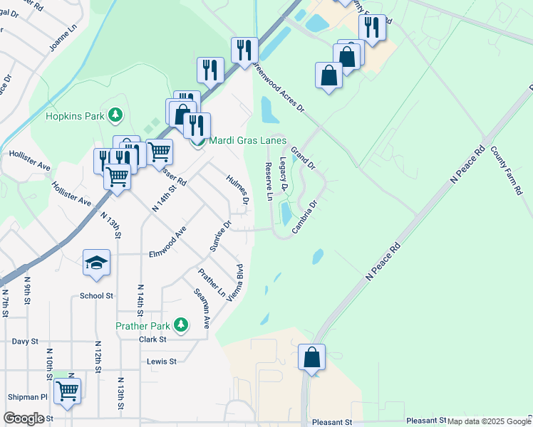 map of restaurants, bars, coffee shops, grocery stores, and more near 1405 Reserve Lane in DeKalb