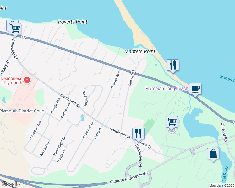map of restaurants, bars, coffee shops, grocery stores, and more near 97 Warren Avenue in Plymouth