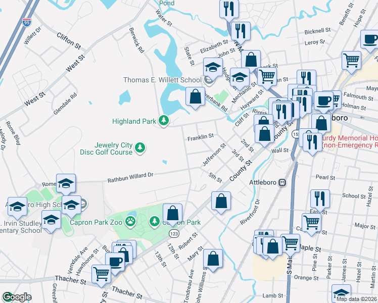 map of restaurants, bars, coffee shops, grocery stores, and more near 75 Dennis Street in Attleboro