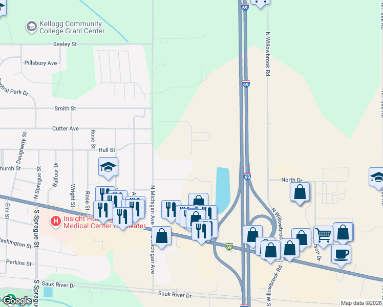 map of restaurants, bars, coffee shops, grocery stores, and more near 98 Grahl Drive in Coldwater