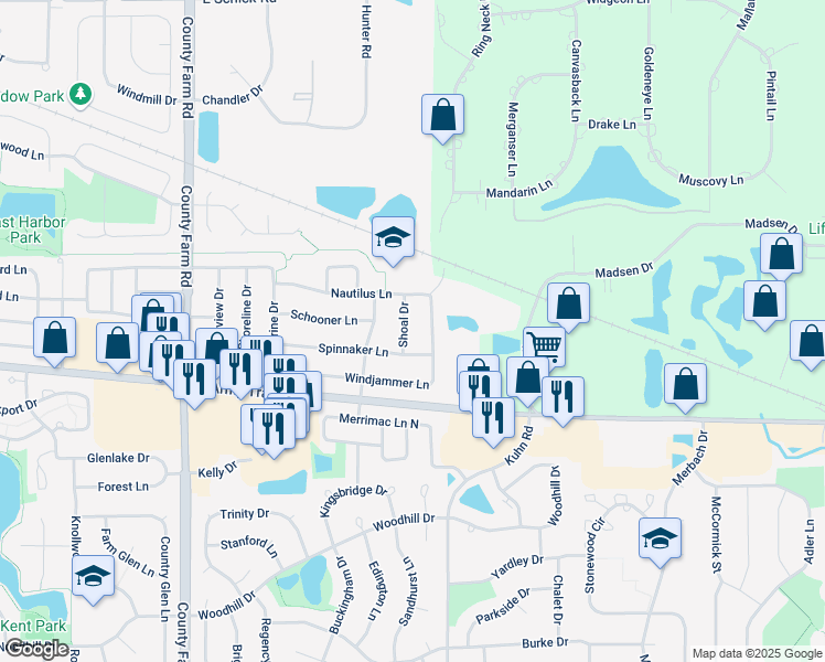 map of restaurants, bars, coffee shops, grocery stores, and more near 1310 Spinnaker Lane in Hanover Park