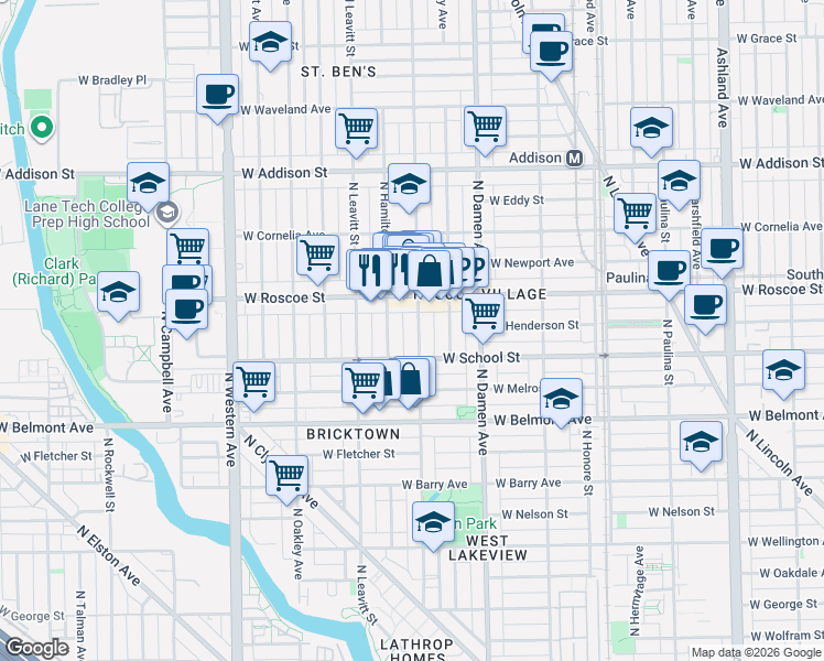 map of restaurants, bars, coffee shops, grocery stores, and more near 3300 North Hoyne Avenue in Chicago