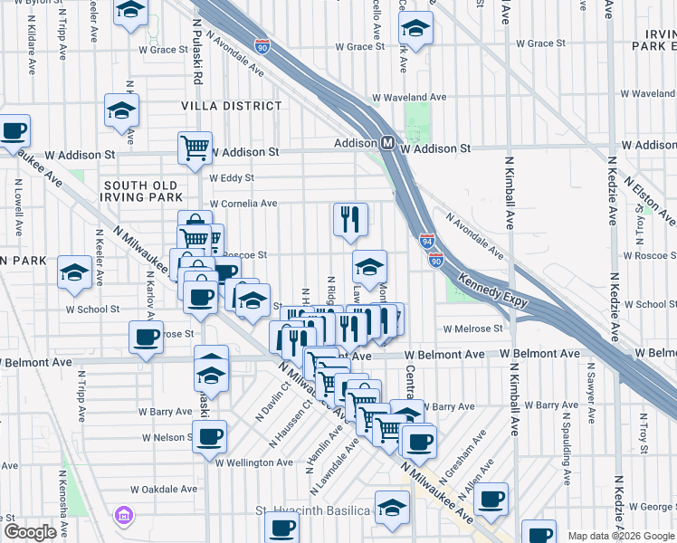 map of restaurants, bars, coffee shops, grocery stores, and more near 3316 North Ridgeway Avenue in Chicago