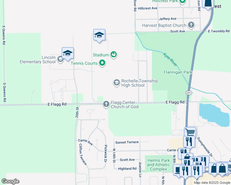 map of restaurants, bars, coffee shops, grocery stores, and more near 1401 East Flagg Road in Rochelle