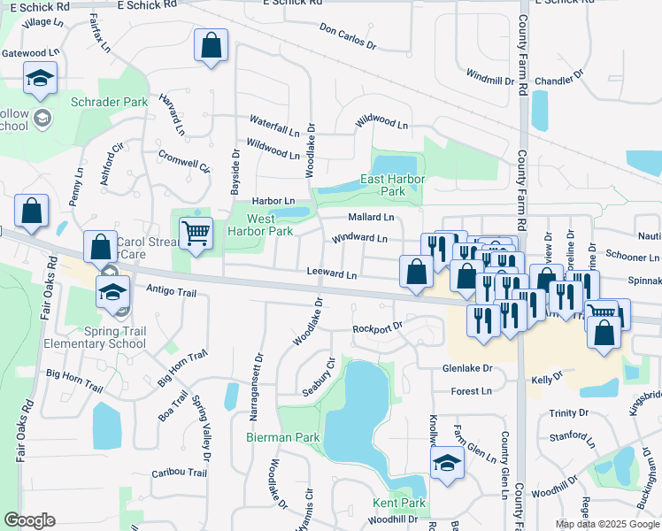 map of restaurants, bars, coffee shops, grocery stores, and more near 2188 Leeward Lane in Hanover Park