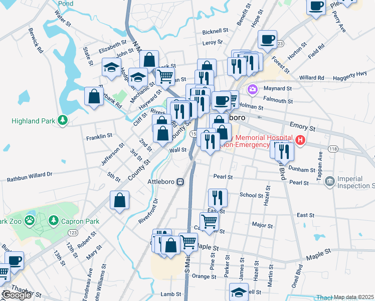 map of restaurants, bars, coffee shops, grocery stores, and more near 75 South Main Street in Attleboro