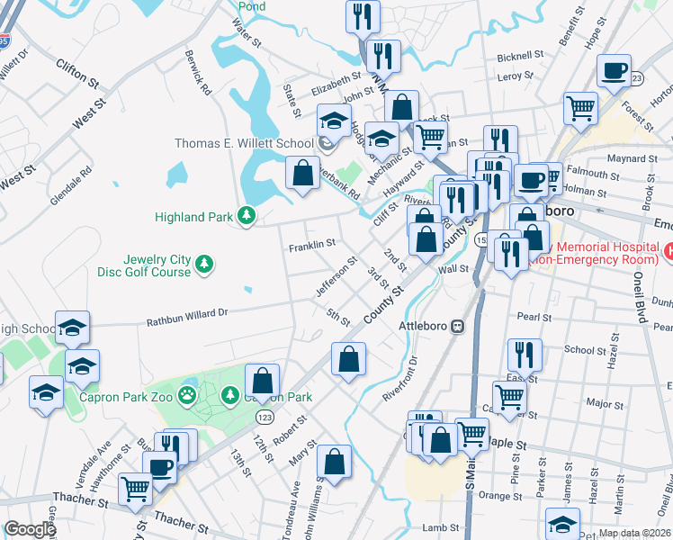 map of restaurants, bars, coffee shops, grocery stores, and more near 55 Jefferson Street in Attleboro