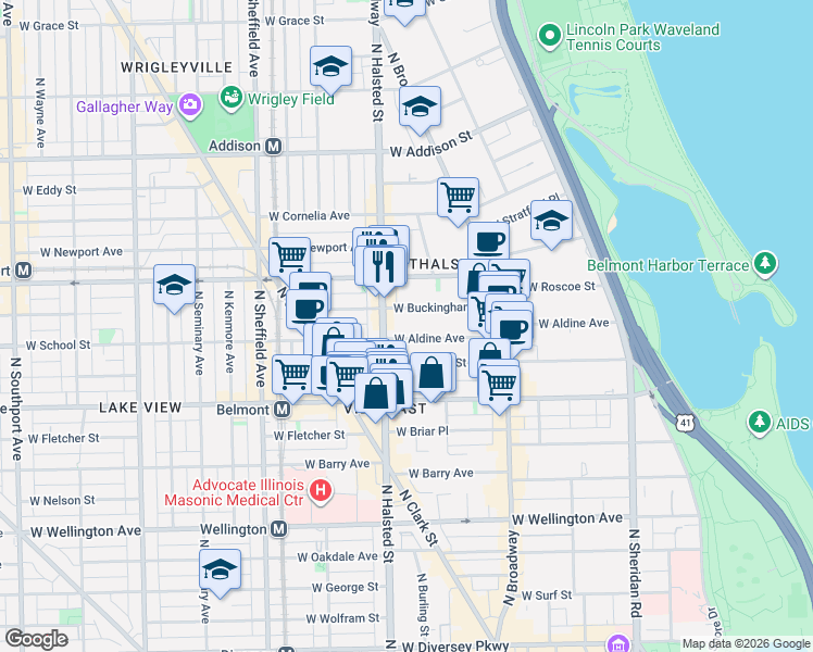 map of restaurants, bars, coffee shops, grocery stores, and more near 729 West Aldine Avenue in Chicago