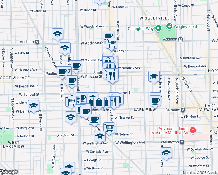 map of restaurants, bars, coffee shops, grocery stores, and more near 1415 West School Street in Chicago
