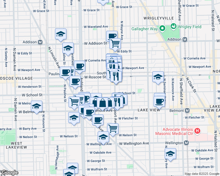 map of restaurants, bars, coffee shops, grocery stores, and more near 1415 West School Street in Chicago