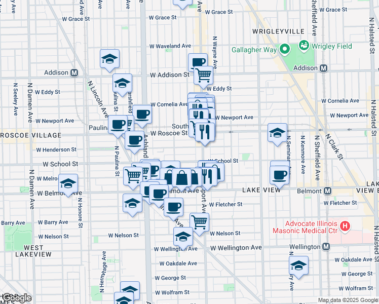 map of restaurants, bars, coffee shops, grocery stores, and more near 1415 West School Street in Chicago