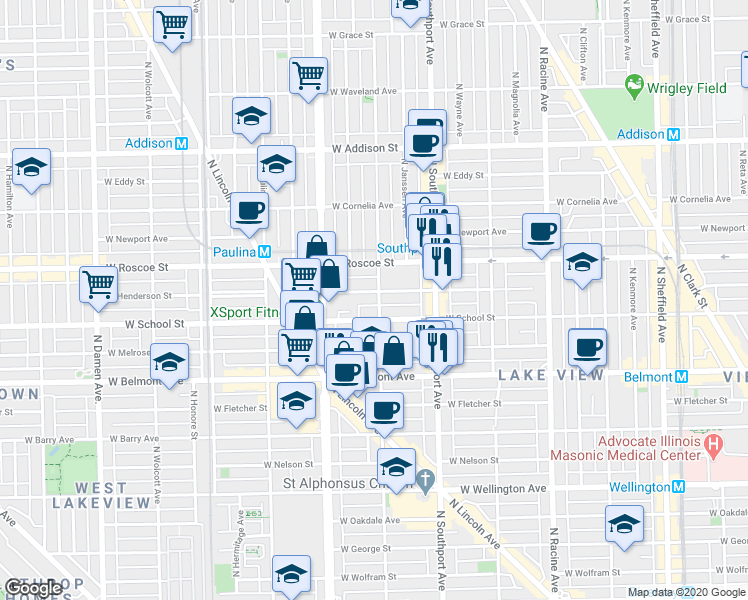 map of restaurants, bars, coffee shops, grocery stores, and more near 3244 North Greenview Avenue in Chicago