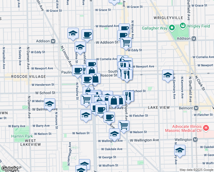map of restaurants, bars, coffee shops, grocery stores, and more near 3244 North Greenview Avenue in Chicago