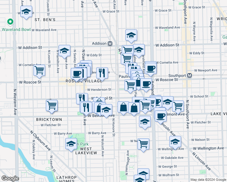 map of restaurants, bars, coffee shops, grocery stores, and more near 1826 West School Street in Chicago