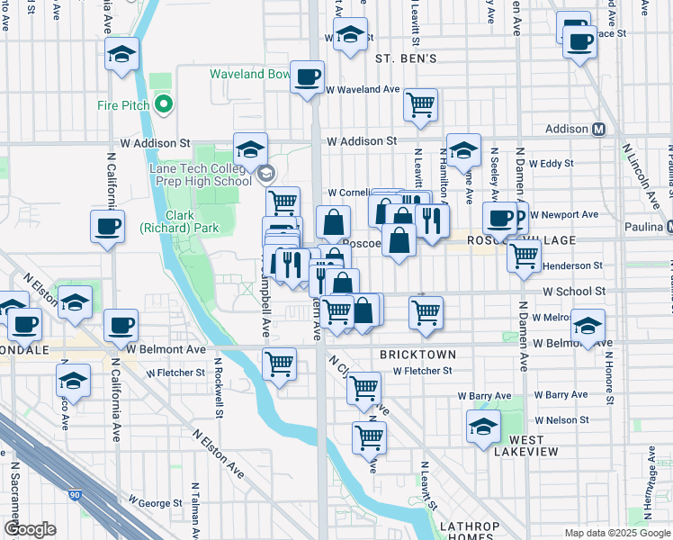 map of restaurants, bars, coffee shops, grocery stores, and more near 3300 North Claremont Avenue in Chicago