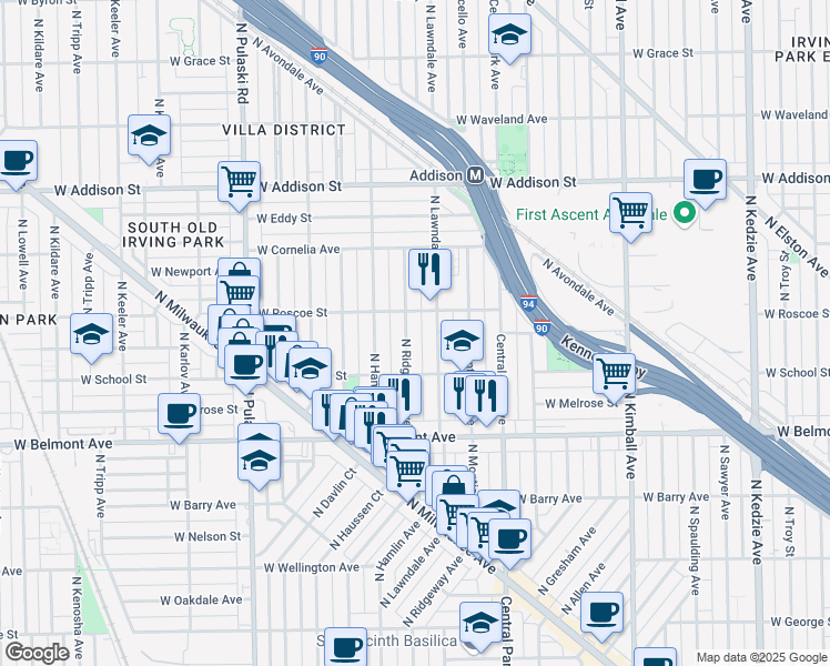 map of restaurants, bars, coffee shops, grocery stores, and more near 3316 North Ridgeway Avenue in Chicago