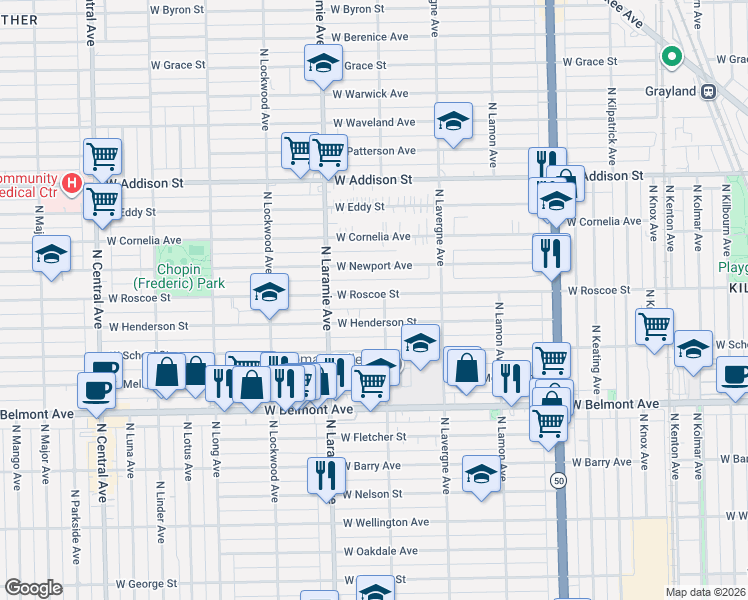 map of restaurants, bars, coffee shops, grocery stores, and more near 5104 West Henderson Street in Chicago