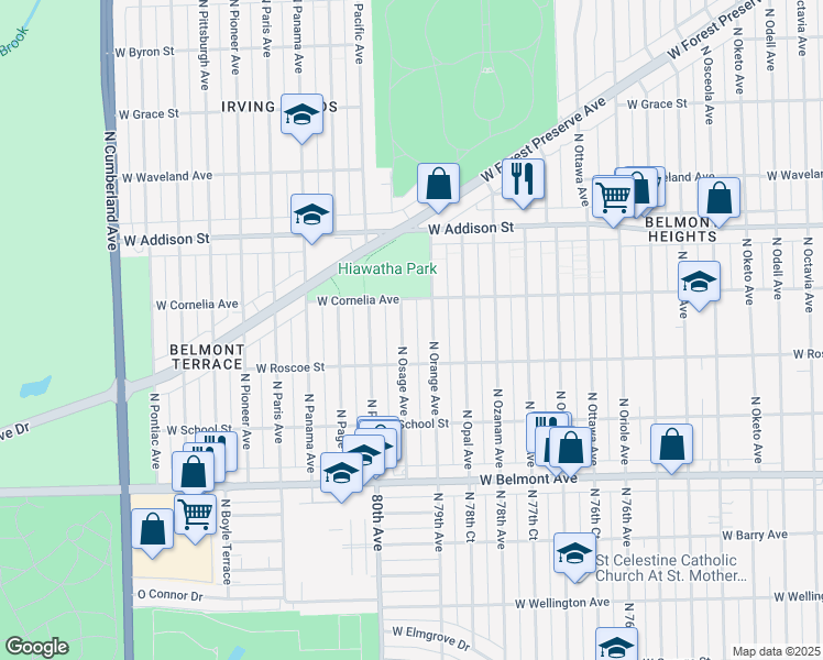 map of restaurants, bars, coffee shops, grocery stores, and more near 3409 North Osage Avenue in Chicago