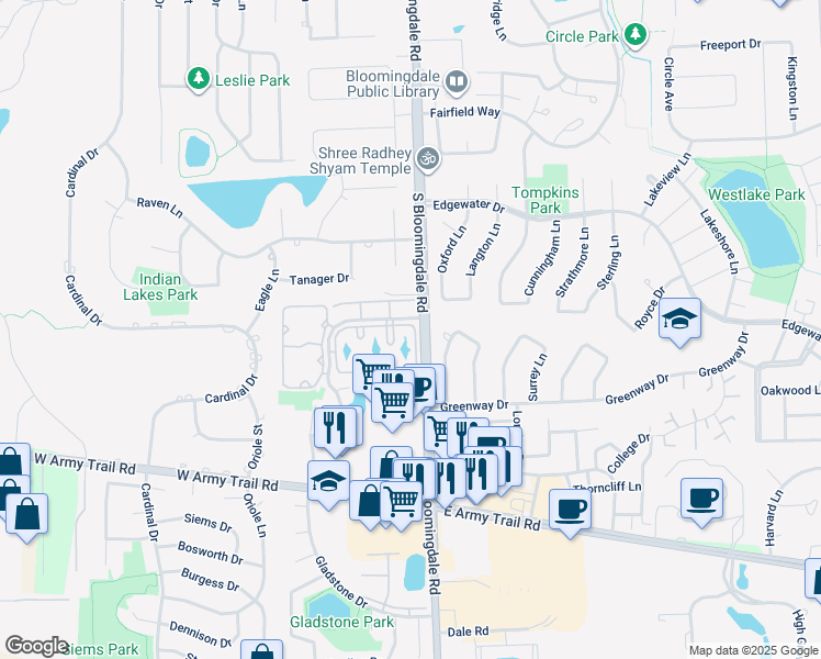 map of restaurants, bars, coffee shops, grocery stores, and more near 194 South Waters Edge Drive in Glendale Heights