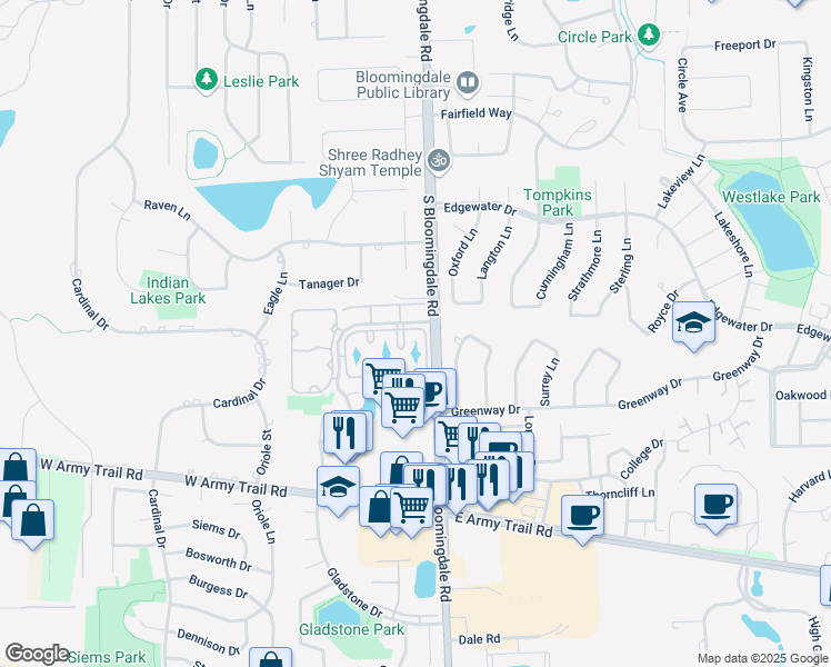 map of restaurants, bars, coffee shops, grocery stores, and more near 194 South Waters Edge Drive in Glendale Heights