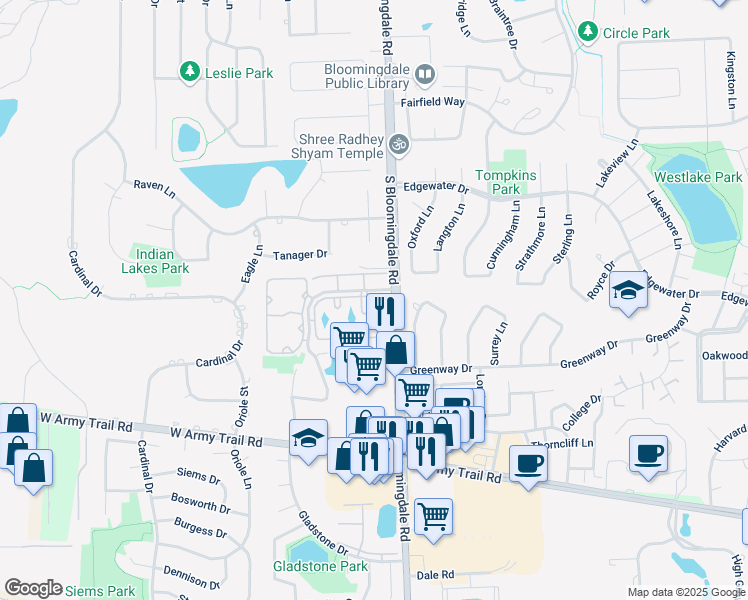 map of restaurants, bars, coffee shops, grocery stores, and more near 194 South Waters Edge Drive in Glendale Heights