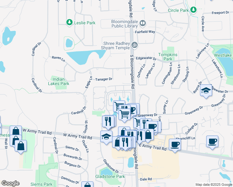 map of restaurants, bars, coffee shops, grocery stores, and more near 165 North Waters Edge Drive in Glendale Heights