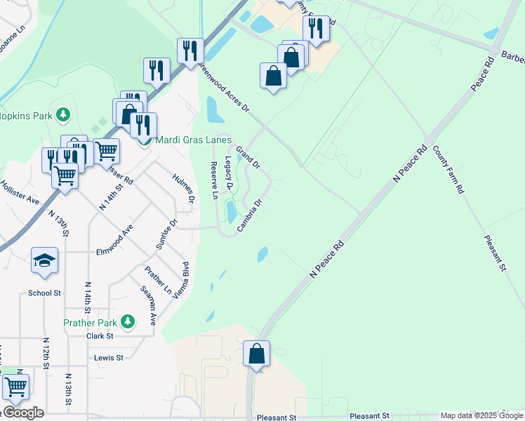 map of restaurants, bars, coffee shops, grocery stores, and more near 1464 Cambria Drive in DeKalb