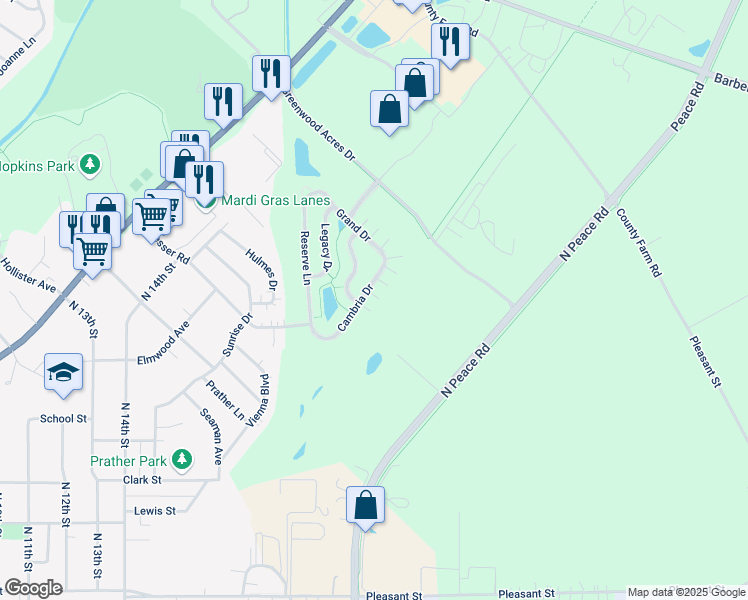 map of restaurants, bars, coffee shops, grocery stores, and more near 1464 Cambria Drive in DeKalb