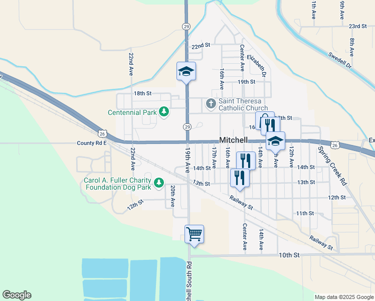 map of restaurants, bars, coffee shops, grocery stores, and more near 1462 19th Avenue in Mitchell