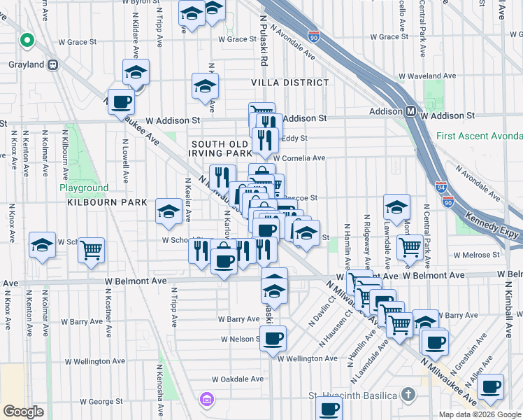 map of restaurants, bars, coffee shops, grocery stores, and more near 3340 North Pulaski Road in Chicago