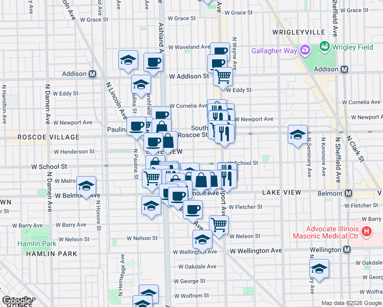 map of restaurants, bars, coffee shops, grocery stores, and more near 3244 North Greenview Avenue in Chicago