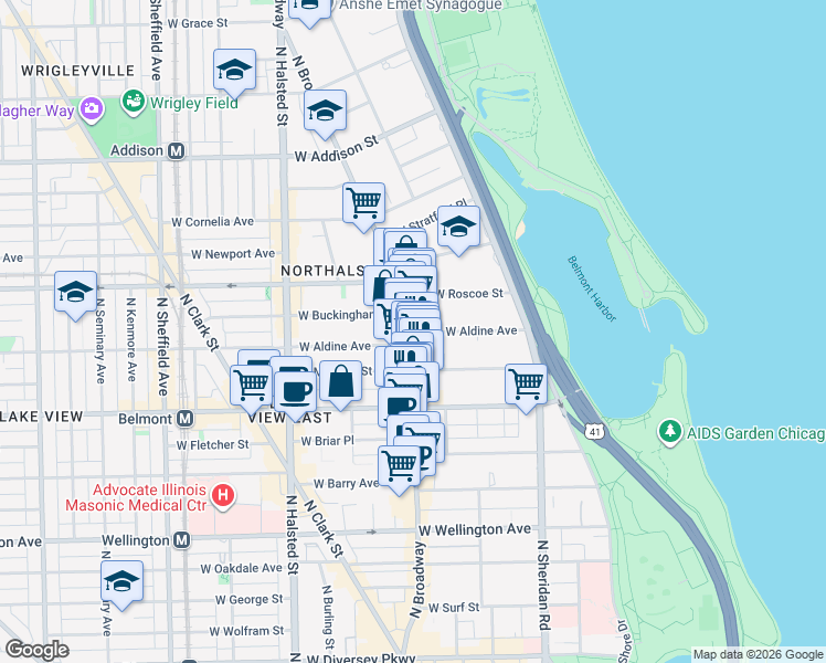 map of restaurants, bars, coffee shops, grocery stores, and more near N Broadway St & W Aldine Ave in Chicago