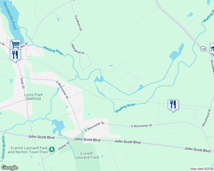 map of restaurants, bars, coffee shops, grocery stores, and more near 16 Eileen Road in Norton