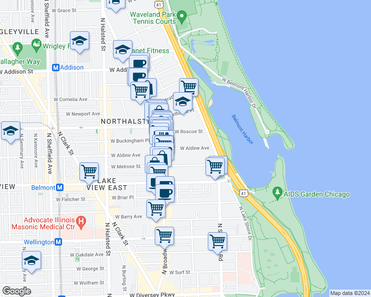 map of restaurants, bars, coffee shops, grocery stores, and more near 510 West Aldine Avenue in Chicago