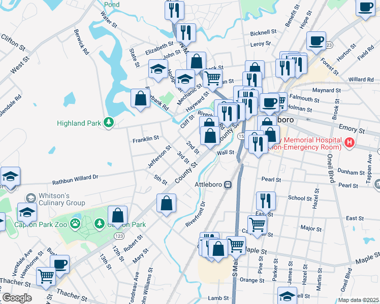 map of restaurants, bars, coffee shops, grocery stores, and more near 6 Prospect Street in Attleboro