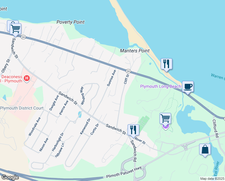 map of restaurants, bars, coffee shops, grocery stores, and more near 97 Warren Avenue in Plymouth