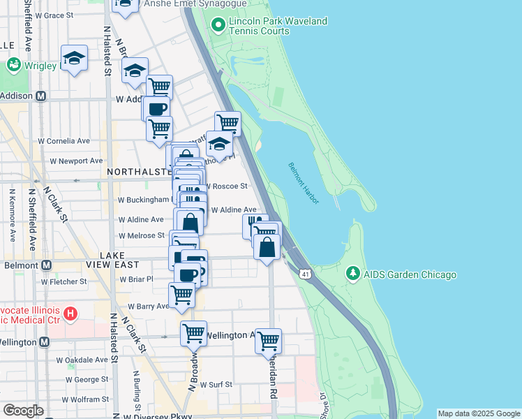 map of restaurants, bars, coffee shops, grocery stores, and more near 400 West Aldine Avenue in Chicago