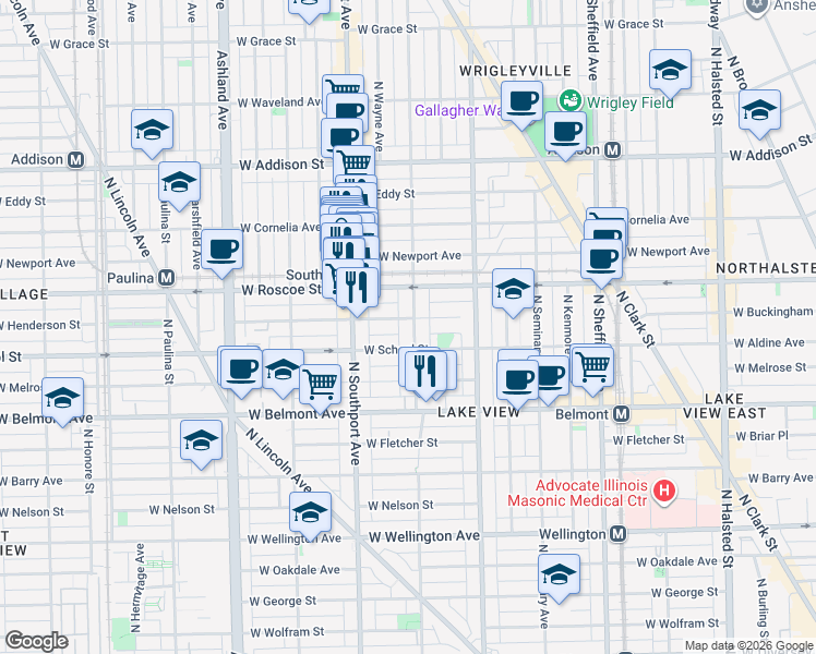 map of restaurants, bars, coffee shops, grocery stores, and more near 3346 North Lakewood Avenue in Chicago
