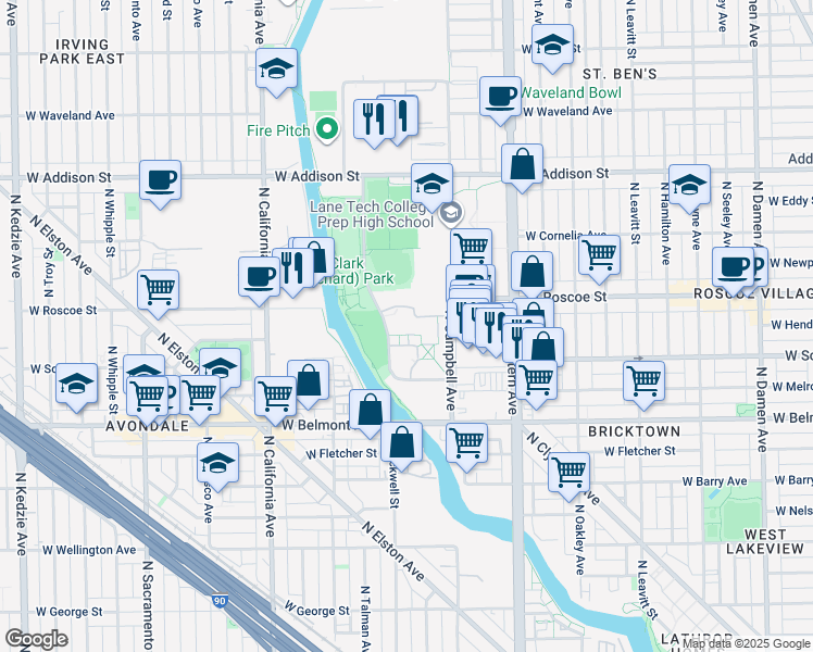 map of restaurants, bars, coffee shops, grocery stores, and more near 3300 North Campbell Avenue in Chicago