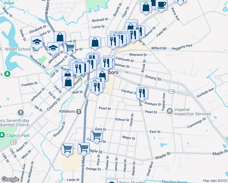 map of restaurants, bars, coffee shops, grocery stores, and more near 46 Pine Street in Attleboro