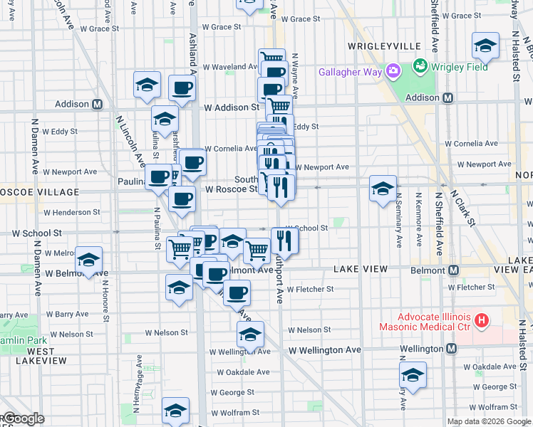 map of restaurants, bars, coffee shops, grocery stores, and more near 1415 West Henderson Street in Chicago