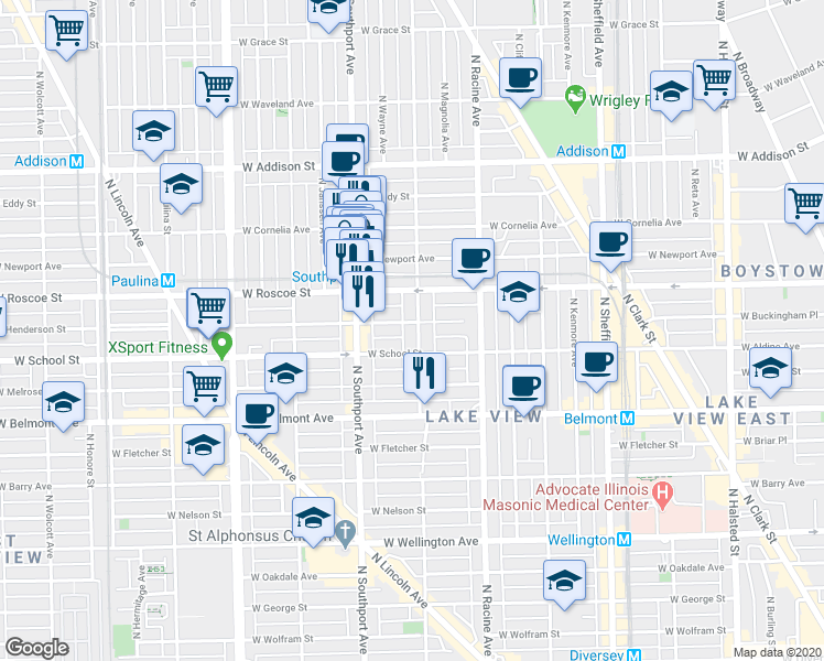 map of restaurants, bars, coffee shops, grocery stores, and more near 3347 North Lakewood Avenue in Chicago