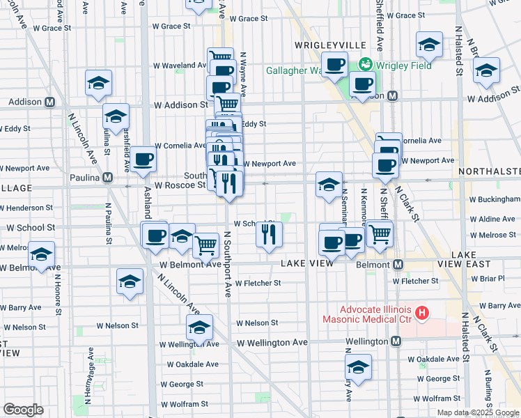 map of restaurants, bars, coffee shops, grocery stores, and more near 3346 North Lakewood Avenue in Chicago