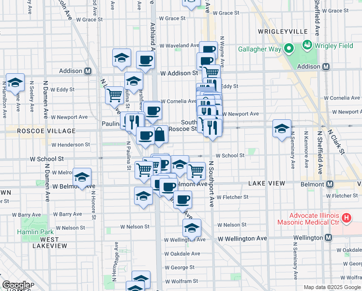 map of restaurants, bars, coffee shops, grocery stores, and more near 1455 West Roscoe Street in Chicago